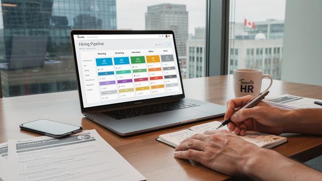 Executive reviewing hiring pipeline dashboard on a laptop