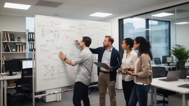 Team collaborating around an AI research whiteboard