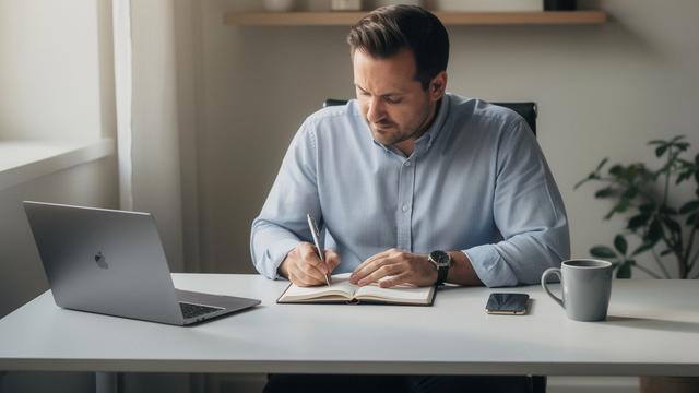 Executive journaling and planning priorities at a desk