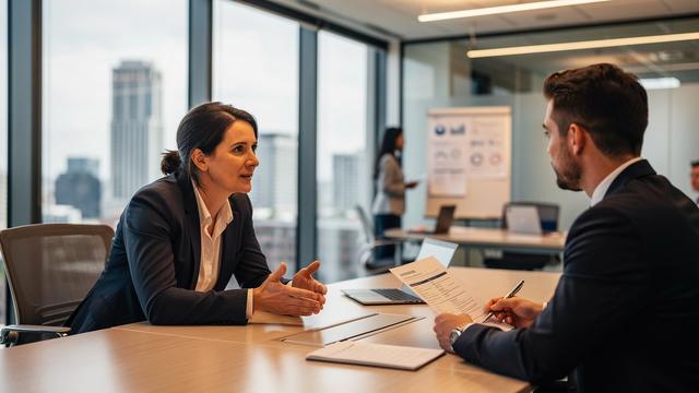 Leader coaching a team member during a performance review